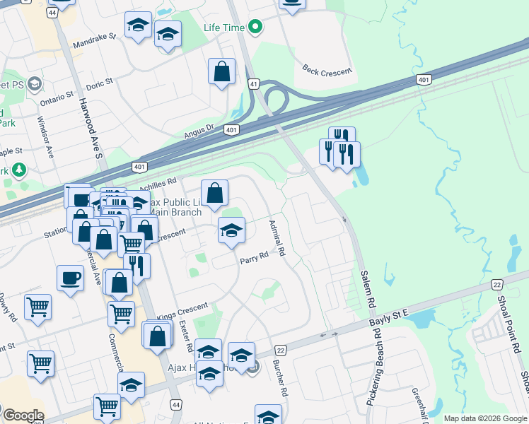 map of restaurants, bars, coffee shops, grocery stores, and more near 70 Admiral Road in Ajax