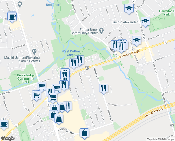 map of restaurants, bars, coffee shops, grocery stores, and more near 1881 Kingston Road in Pickering