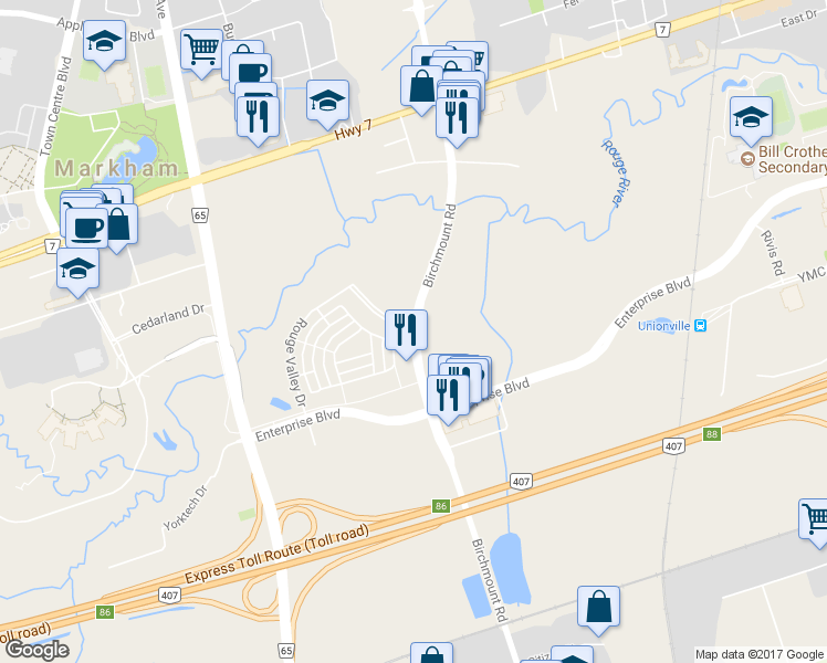 map of restaurants, bars, coffee shops, grocery stores, and more near 8448 Birchmount Road in Markham