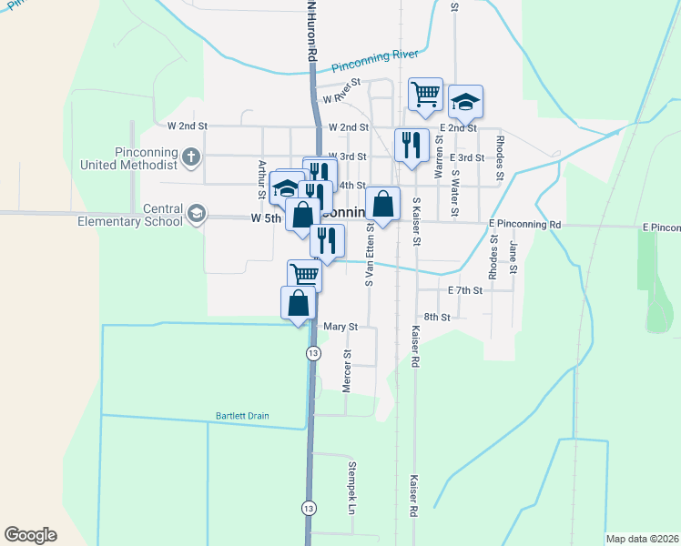 map of restaurants, bars, coffee shops, grocery stores, and more near 625 South Mable Street in Pinconning