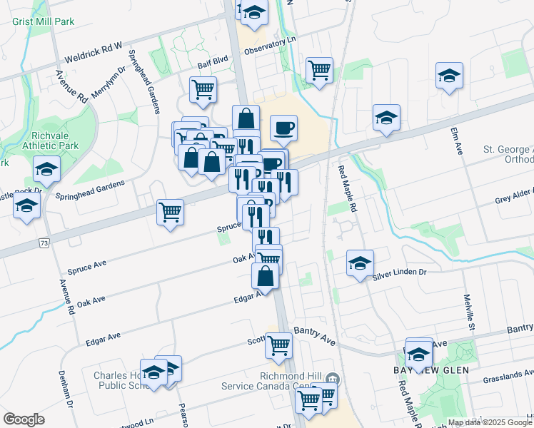 map of restaurants, bars, coffee shops, grocery stores, and more near 9199 Yonge Street in Richmond Hill