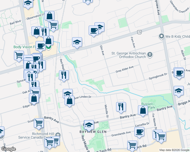 map of restaurants, bars, coffee shops, grocery stores, and more near 129 Grey Alder Avenue in Richmond Hill