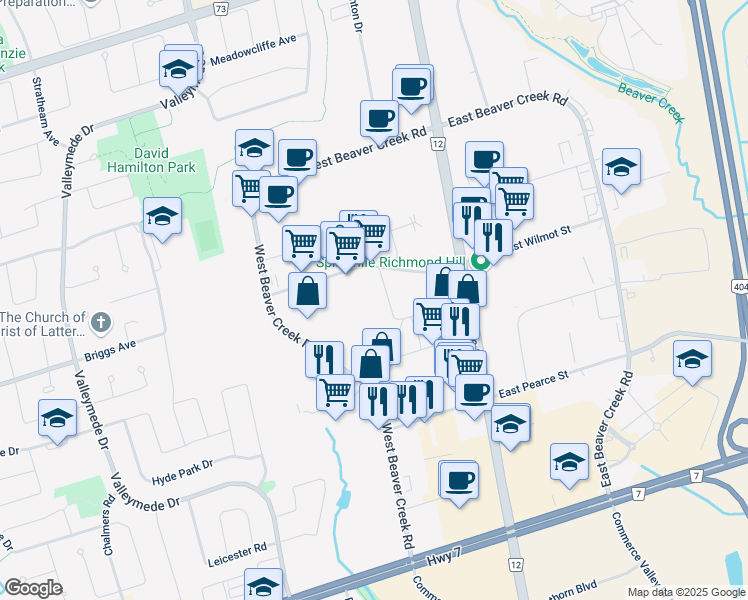 map of restaurants, bars, coffee shops, grocery stores, and more near in Richmond Hill