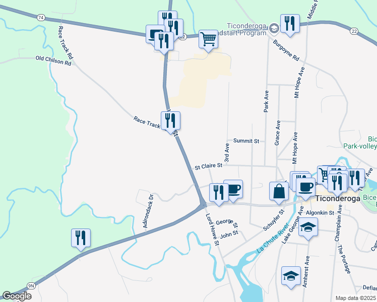 map of restaurants, bars, coffee shops, grocery stores, and more near 1042 Wicker St in Ticonderoga