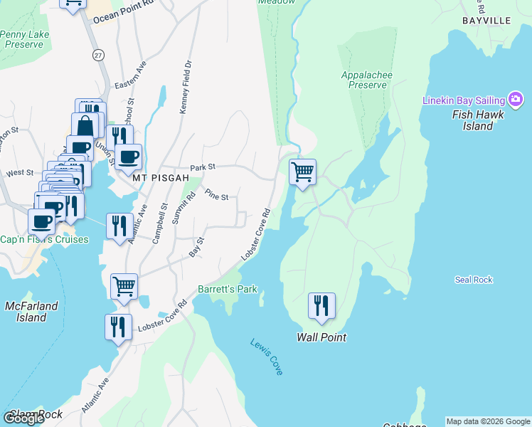 map of restaurants, bars, coffee shops, grocery stores, and more near 134 Lobster Cove Road in Boothbay Harbor