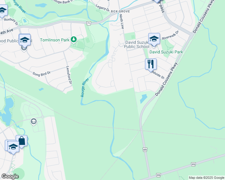 map of restaurants, bars, coffee shops, grocery stores, and more near 1 Rouge River Circle in Markham