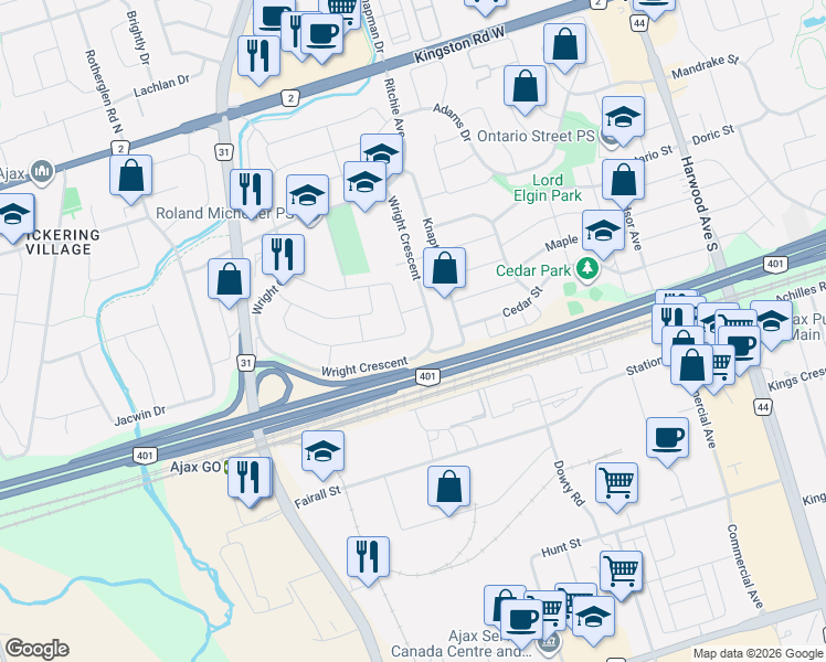 map of restaurants, bars, coffee shops, grocery stores, and more near in Ajax