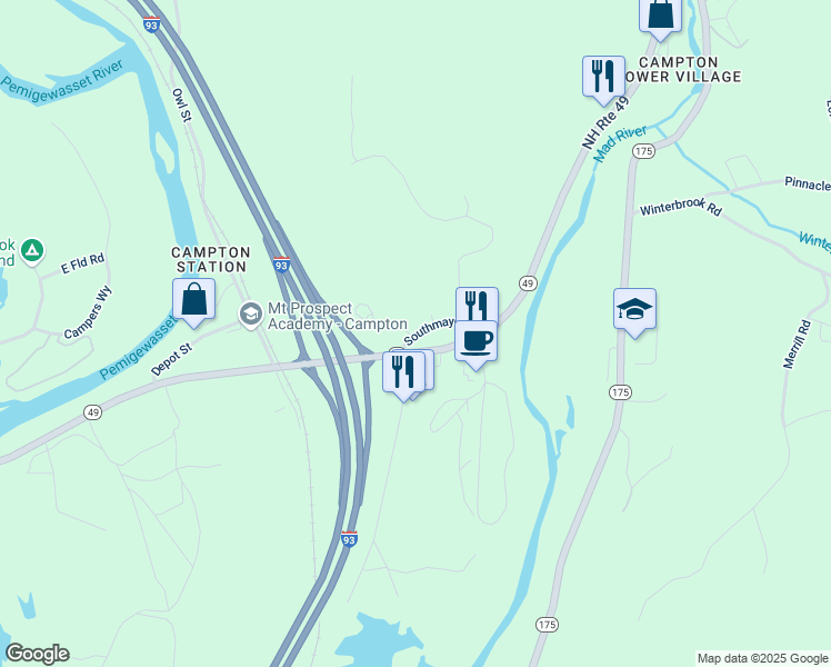 map of restaurants, bars, coffee shops, grocery stores, and more near 11 Vintinner Road in Campton