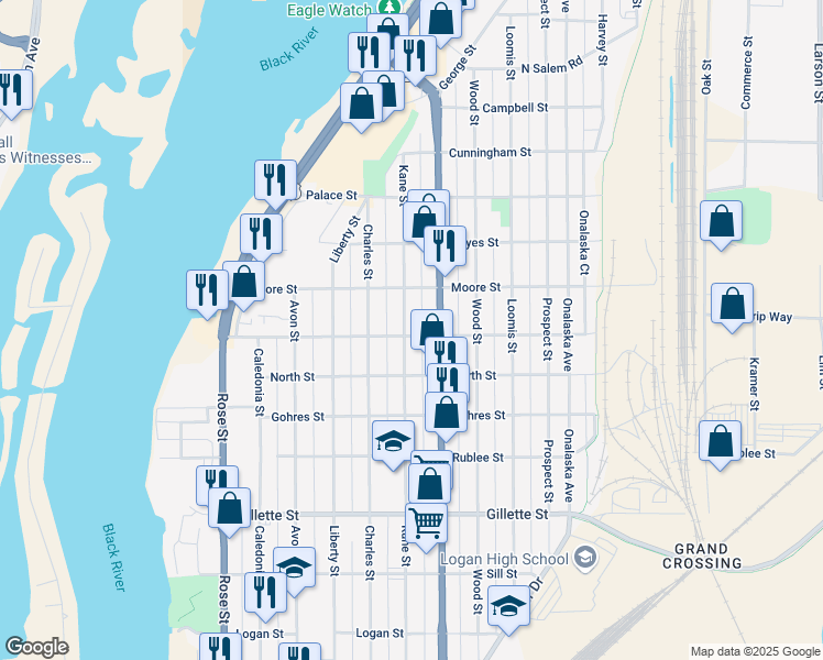 map of restaurants, bars, coffee shops, grocery stores, and more near 1926 Kane Street in La Crosse