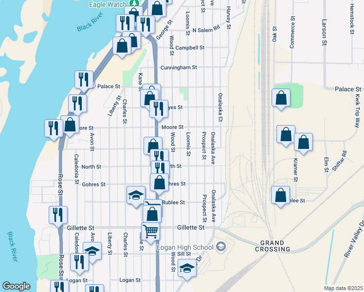 map of restaurants, bars, coffee shops, grocery stores, and more near 1919 Loomis Street in La Crosse