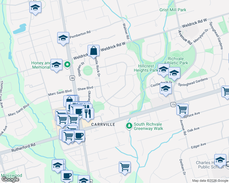 map of restaurants, bars, coffee shops, grocery stores, and more near 18 Mayvern Crescent in Richmond Hill