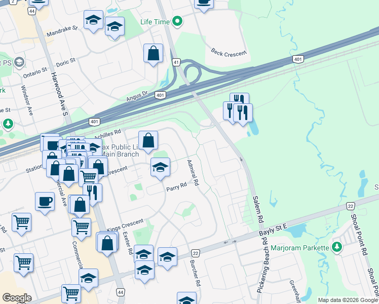 map of restaurants, bars, coffee shops, grocery stores, and more near 75 Admiral Road in Ajax