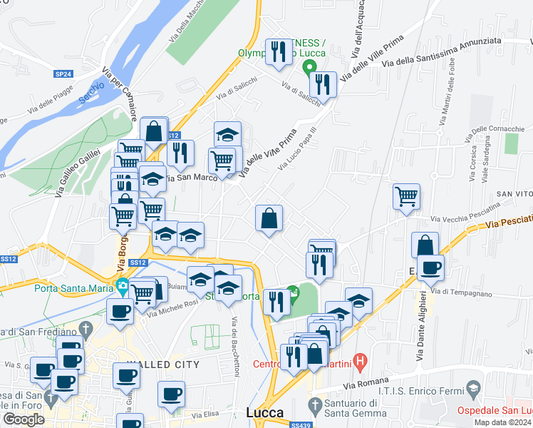 map of restaurants, bars, coffee shops, grocery stores, and more near Via Ospedale in Lucca