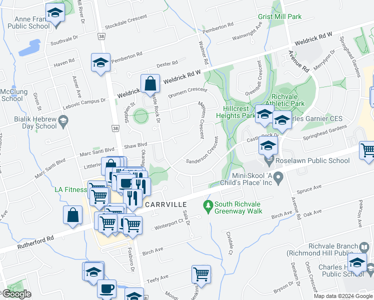 map of restaurants, bars, coffee shops, grocery stores, and more near 20 Mayvern Crescent in Richmond Hill