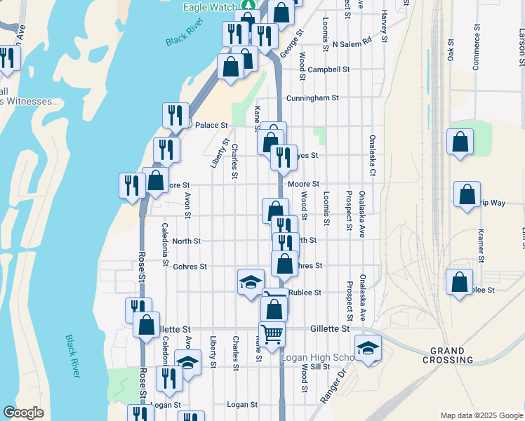 map of restaurants, bars, coffee shops, grocery stores, and more near 1926 Kane Street in La Crosse