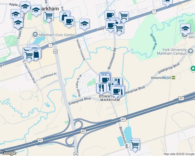map of restaurants, bars, coffee shops, grocery stores, and more near 111 Upper Duke Crescent in Markham