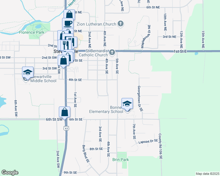 map of restaurants, bars, coffee shops, grocery stores, and more near 424 4th Avenue Southeast in Stewartville
