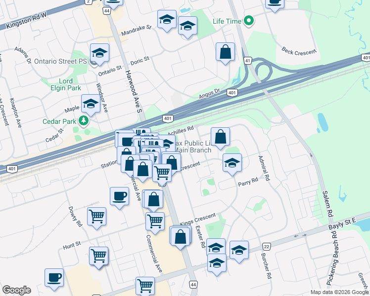 map of restaurants, bars, coffee shops, grocery stores, and more near in Ajax