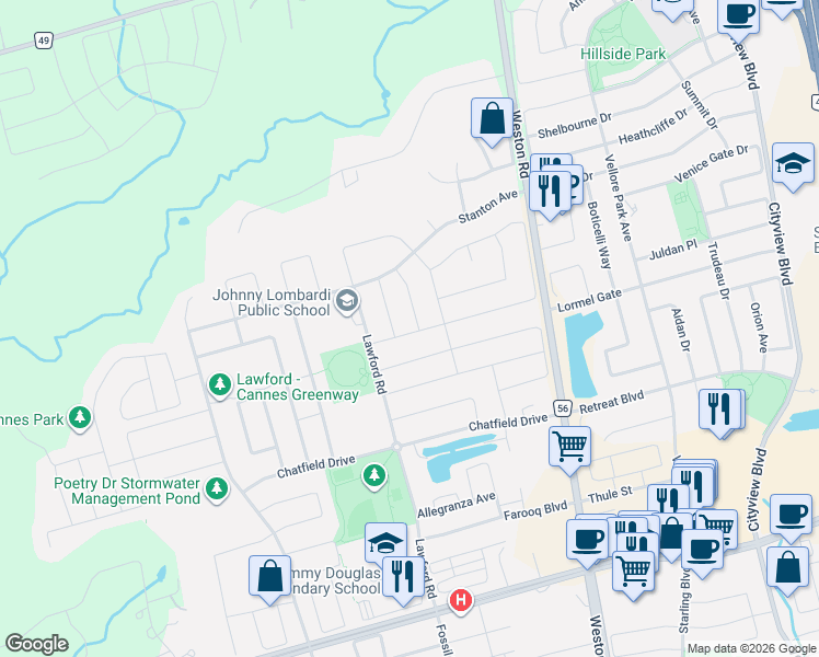 map of restaurants, bars, coffee shops, grocery stores, and more near 2 Drake Street in Vaughan
