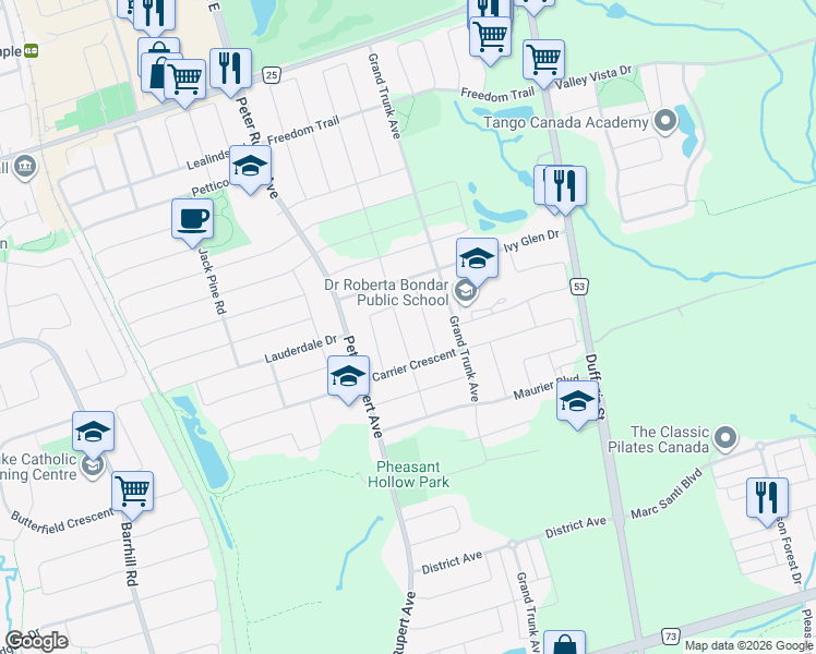 map of restaurants, bars, coffee shops, grocery stores, and more near 93 Oberfrick Avenue in Vaughan