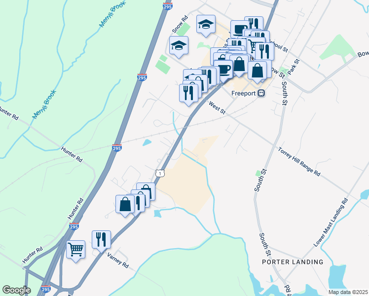 map of restaurants, bars, coffee shops, grocery stores, and more near Double L Street in Freeport