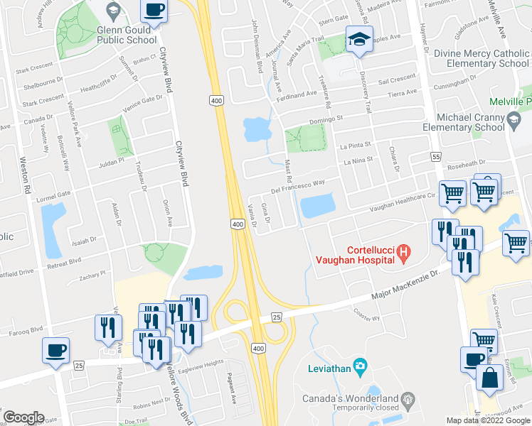 map of restaurants, bars, coffee shops, grocery stores, and more near Gina Drive in Vaughan
