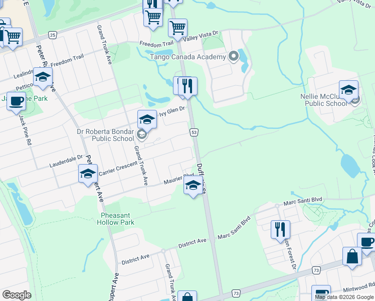 map of restaurants, bars, coffee shops, grocery stores, and more near 124 Carrier Crescent in Vaughan