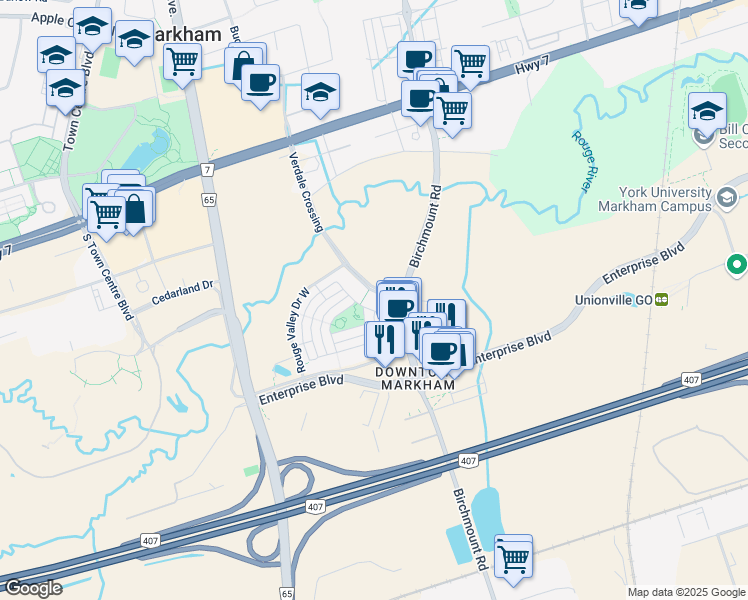 map of restaurants, bars, coffee shops, grocery stores, and more near 8130 Birchmount Road in Markham