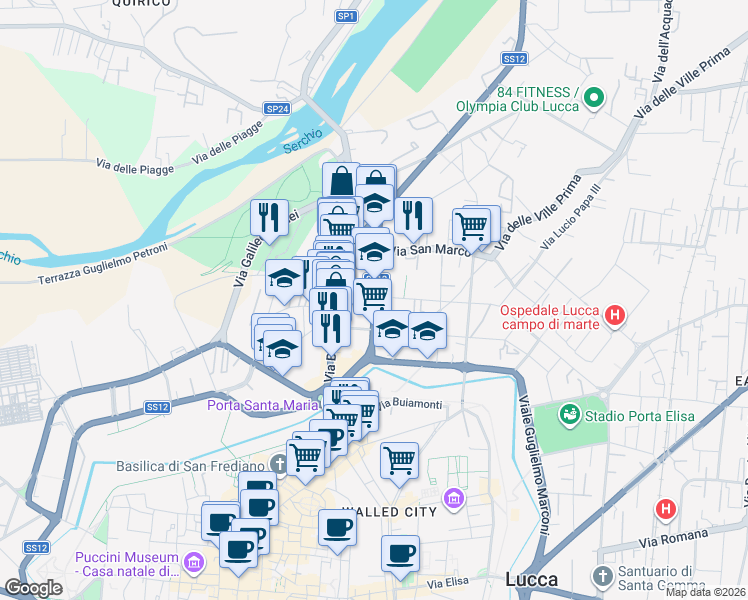 map of restaurants, bars, coffee shops, grocery stores, and more near 39 Via Augusto Passaglia in Lucca