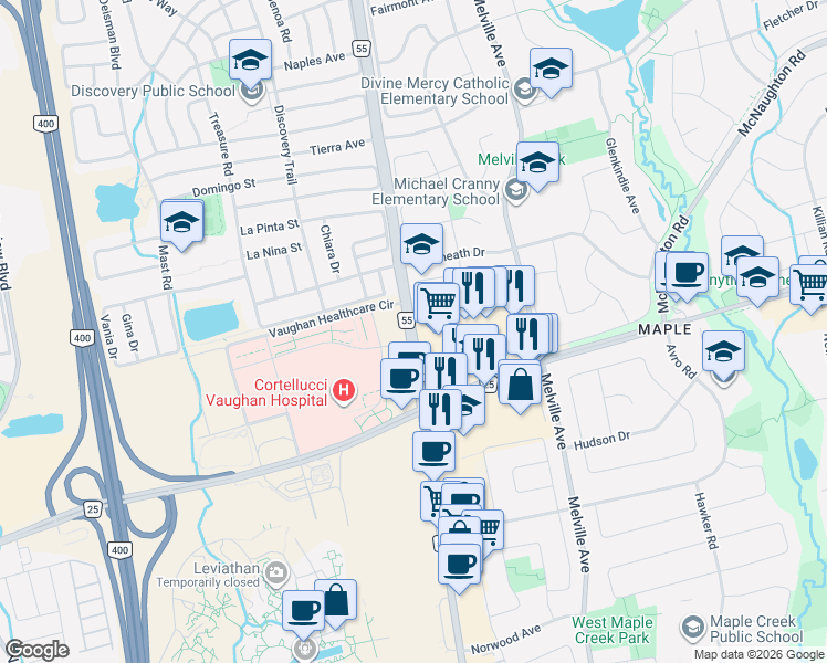 map of restaurants, bars, coffee shops, grocery stores, and more near 9431 Jane Street in Vaughan
