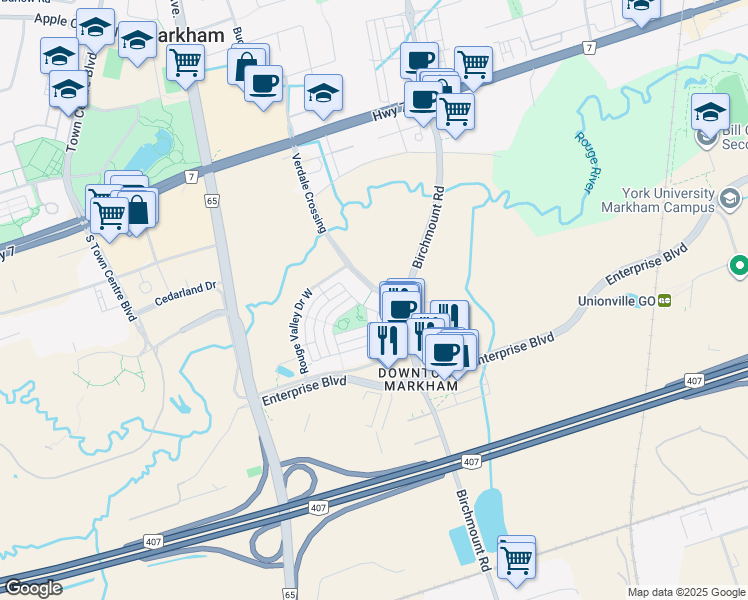 map of restaurants, bars, coffee shops, grocery stores, and more near 111 Upper Duke Crescent in Markham