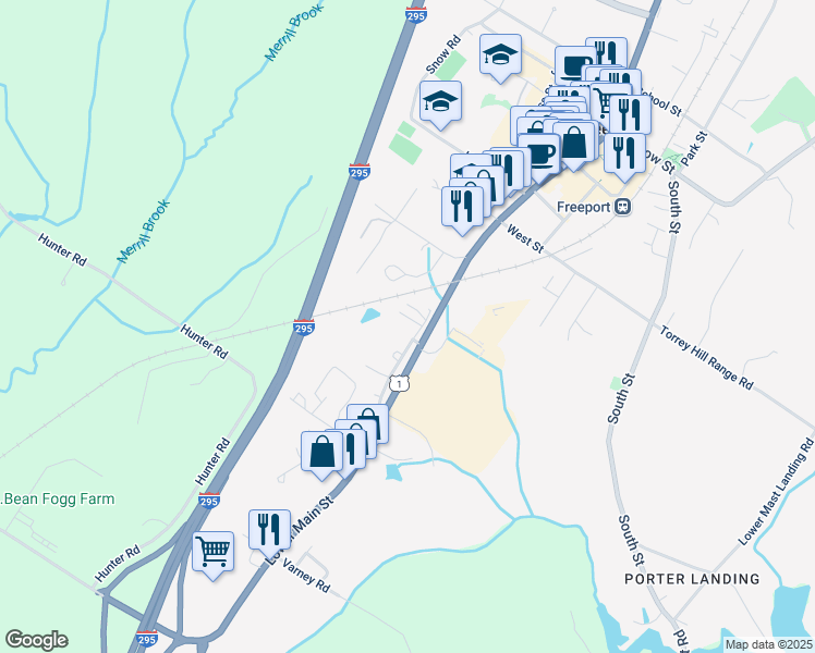 map of restaurants, bars, coffee shops, grocery stores, and more near Double L Street in Freeport