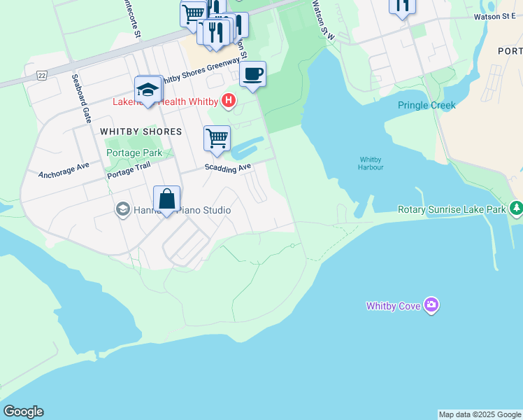 map of restaurants, bars, coffee shops, grocery stores, and more near 650 Gordon Street in Whitby