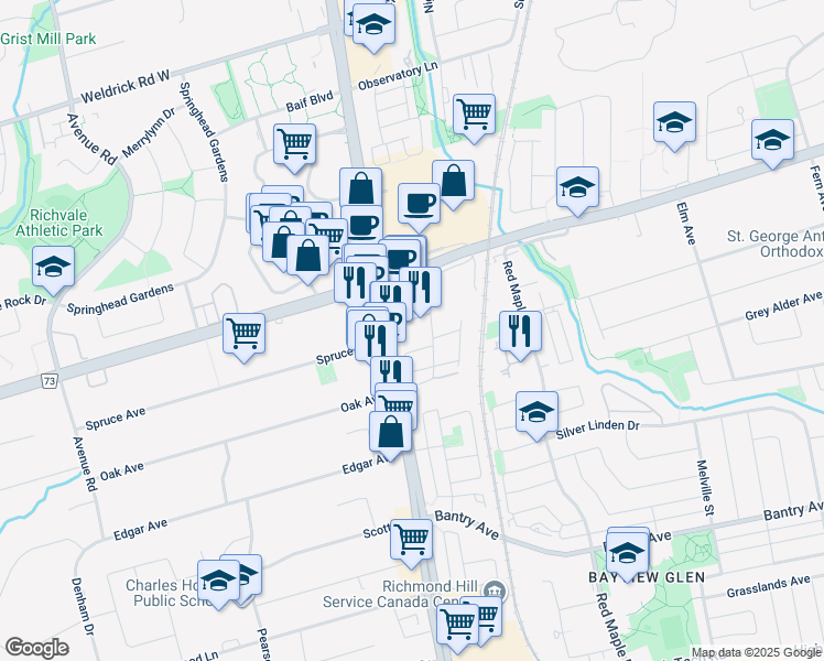map of restaurants, bars, coffee shops, grocery stores, and more near 62 Northern Heights Drive in Richmond Hill