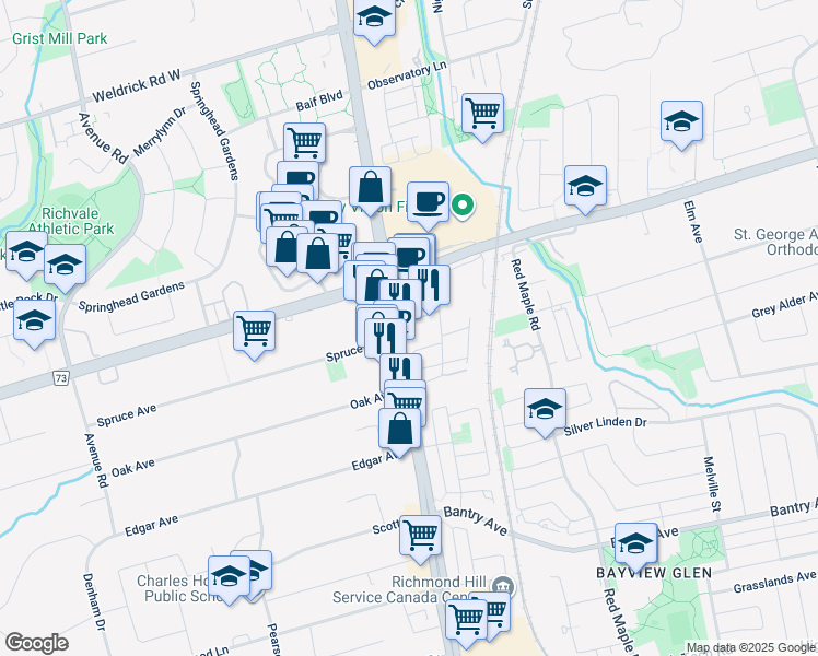 map of restaurants, bars, coffee shops, grocery stores, and more near in Richmond Hill