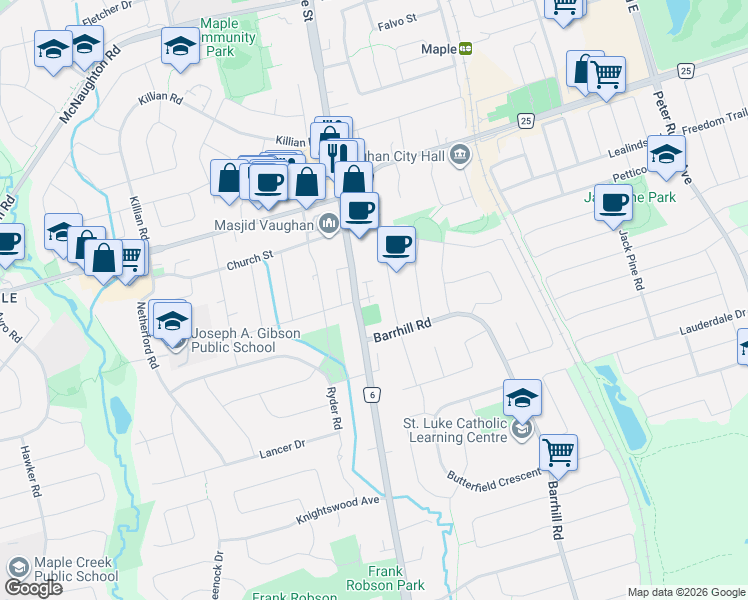 map of restaurants, bars, coffee shops, grocery stores, and more near 8 Oakdale Road in Vaughan