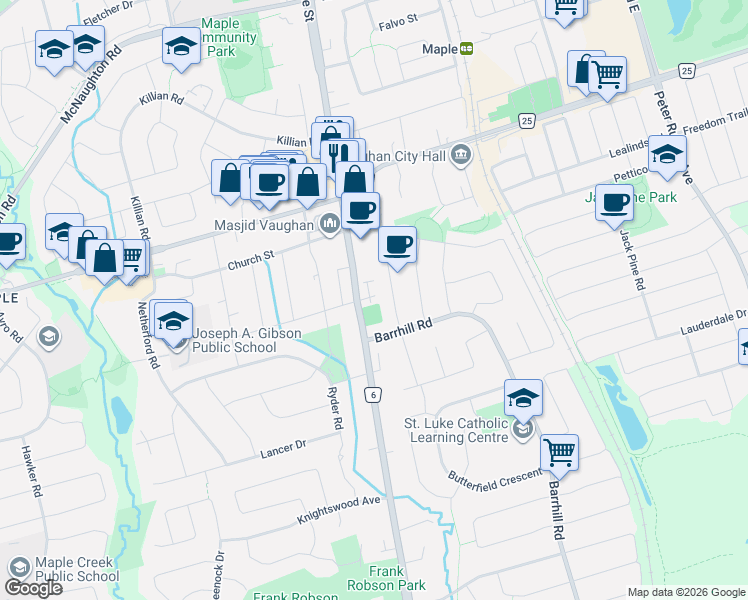 map of restaurants, bars, coffee shops, grocery stores, and more near 1 Saint Julien Court in Vaughan