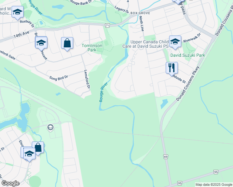 map of restaurants, bars, coffee shops, grocery stores, and more near 11 Rouge River Circle in Markham