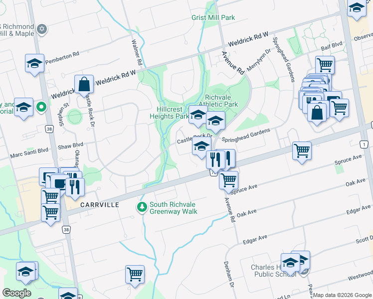 map of restaurants, bars, coffee shops, grocery stores, and more near 34 Kitsilano Crescent in Richmond Hill