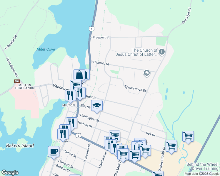 map of restaurants, bars, coffee shops, grocery stores, and more near 485 Brunswick Street in Yarmouth