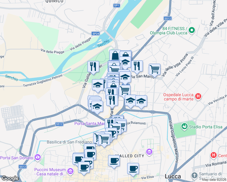 map of restaurants, bars, coffee shops, grocery stores, and more near 102 Via Augusto Passaglia in Lucca