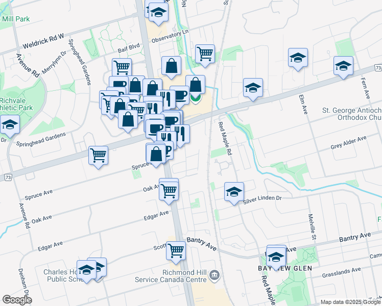 map of restaurants, bars, coffee shops, grocery stores, and more near 81 Northern Heights Drive in Richmond Hill