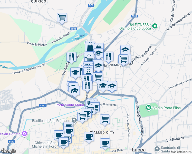 map of restaurants, bars, coffee shops, grocery stores, and more near 207-357 SS12 in Lucca