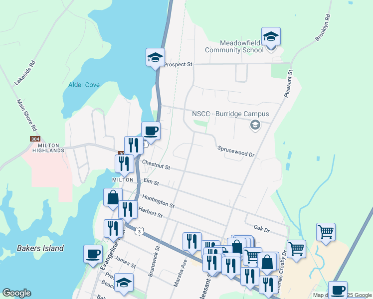 map of restaurants, bars, coffee shops, grocery stores, and more near 486 Brunswick Street in Yarmouth
