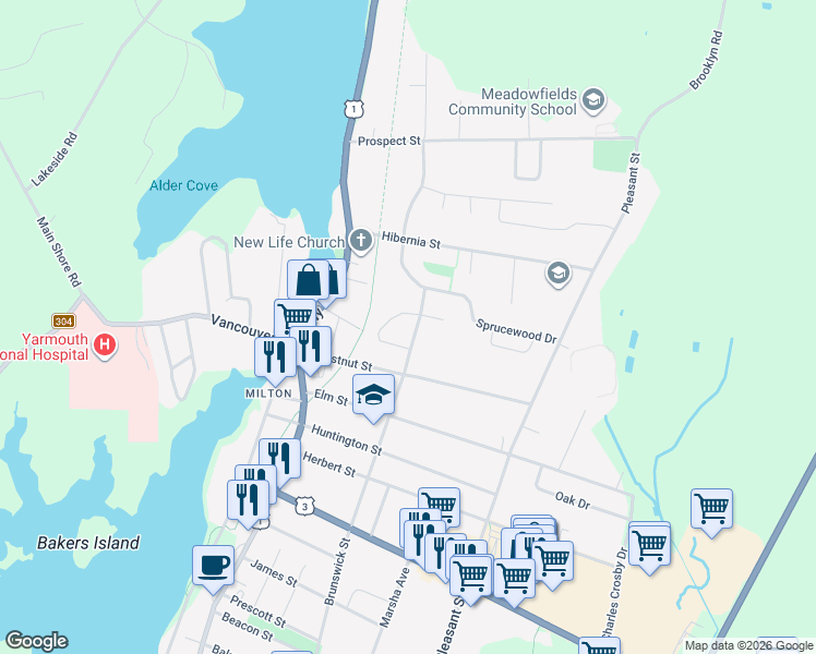 map of restaurants, bars, coffee shops, grocery stores, and more near 486 Brunswick Street in Yarmouth