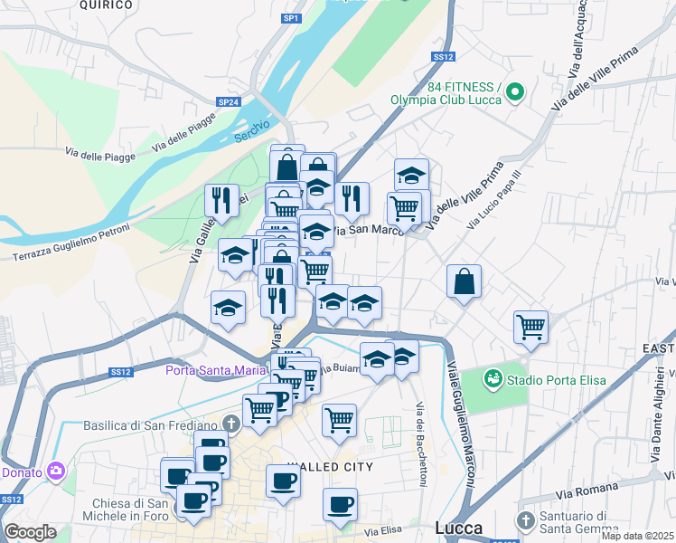 map of restaurants, bars, coffee shops, grocery stores, and more near 78 Via B. Berlinghieri in Lucca
