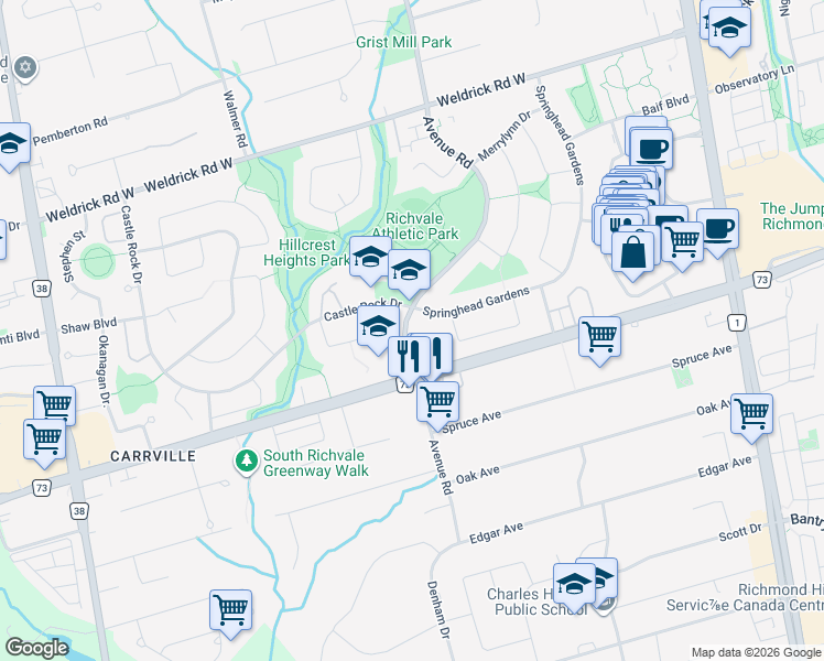 map of restaurants, bars, coffee shops, grocery stores, and more near 115 Avenue Road in Richmond Hill