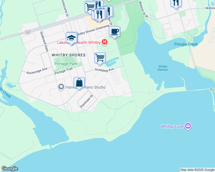 map of restaurants, bars, coffee shops, grocery stores, and more near 15 Harbourside Drive in Whitby