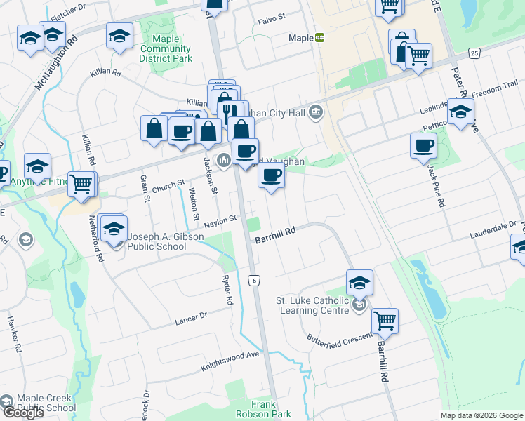 map of restaurants, bars, coffee shops, grocery stores, and more near 64 Oakdale Road in Vaughan
