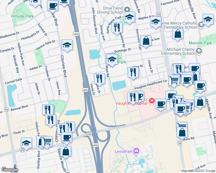 map of restaurants, bars, coffee shops, grocery stores, and more near 94 Mast Road in Vaughan